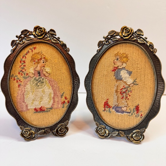 2 Vintage Rose Framed Needlepoint Boy‎ & Girl Portraits - Picture 1 of 6
